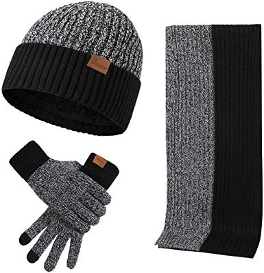 Men's Winter Beanie Hat Neck Warmer Scarf and Touchscreen Gloves Set 3 Pcs Fleece Lined Skull Knit Cap for Women