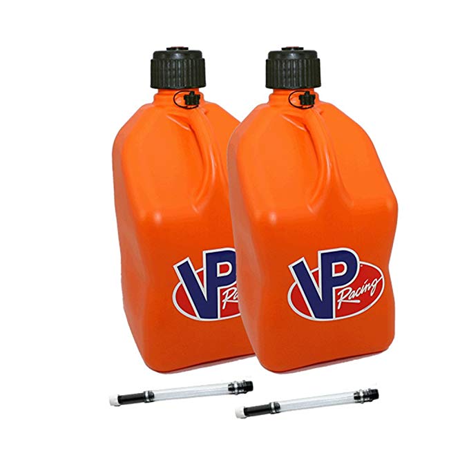 2 Pack VP 5 Gallon Square Orange Racing Utility Jugs with 2 Deluxe Filler Hoses