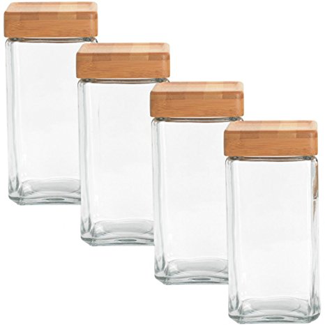Anchor Hocking 4 Pack, 2Qt Airtight Glass Jars Set With Bamboo Lids Stackable Food Storage Containers Saver