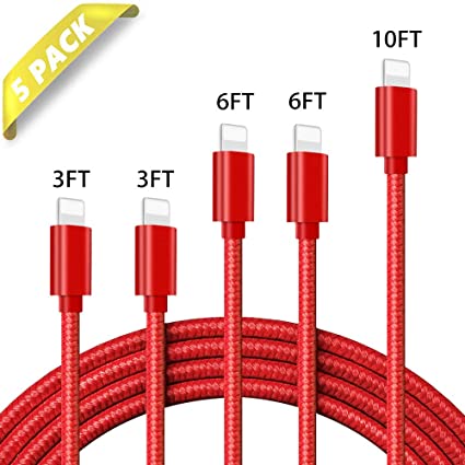 Phone Charger 【5Pack】 3FT 3FT 6FT 6FT 10FT Nylon Braided USB Charging & Syncing Cable Compatible with Phone 11 Pro Max 11 Pro 11 XS MAX XR X 8 8 Plus 7 7 Plus 6s 6s Plus 6 6 Plus and More, Red