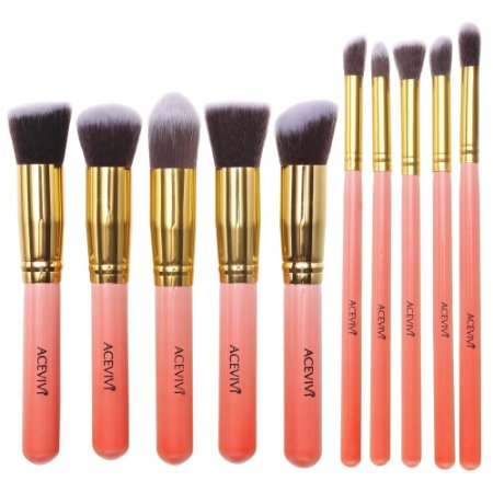 ACEVIVI Professional 10pcs Premium Synthetic Kabuki Makeup Brush Set Foundation Blending Cosmetic Brushes Essential Kit Pink   Golden