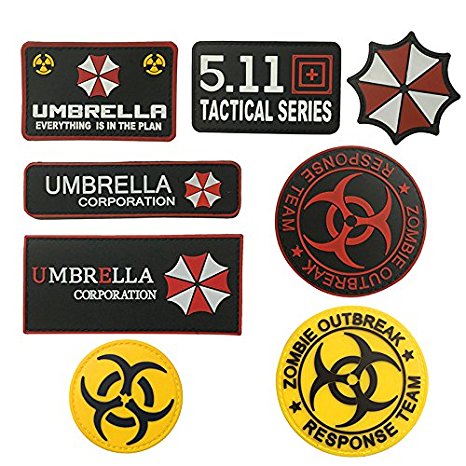 SIX VANKA 8piece Zombie Outbreak Response Team Umbrella Corporation Resident Evil PVC Rubber Patches Tactical Velcro Patch (Resident Evil Patch Set)