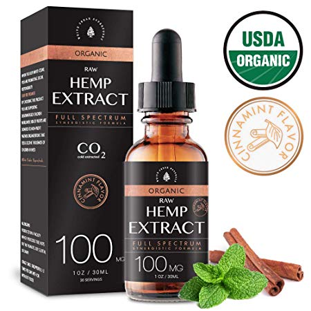 Organic Hemp Oil Extract for Pain & Stress Relief (100MG), Cinnamint Flavor, Full Spectrum, Blended with Organic Hemp Seed Oil for Optimal Absorption, CO2 Cold Extracted, Kosher, Vegan, GF, 1oz.