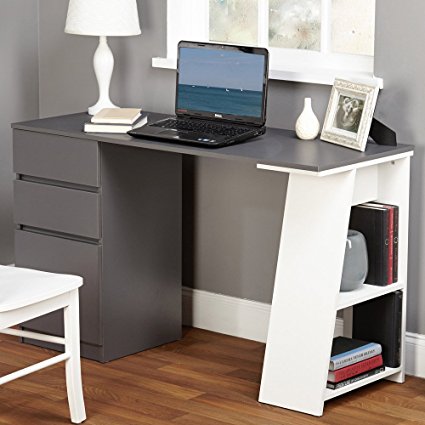 Modern Writing Computer Desk. Blend Modern Design and Function. Includes Shelves and Drawers for Storage. Perfect Office, Dorm Room, or Appartment Furniture.