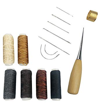 Lemimo 15 Pieces Leather Craft Tools with 7 Pieces Curved Upholstery Hand Sewing Needles Sewing Needles with 5 Pieces Leather Waxed Thread Cord and 1 Pieces Cotton Cord and Drilling Awl and Thimble fo