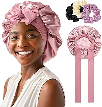 AWAYTR 2 Layered Satin Bonnet for Women Tie Band Hair Bonnet for Sleeping Silk Sleeping Cap with 3PCS Hair Scrunchies