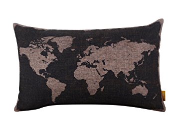 LINKWELL 20"x12" Retro Black Classic World Map Burlap Cushion Covers Pillow Case