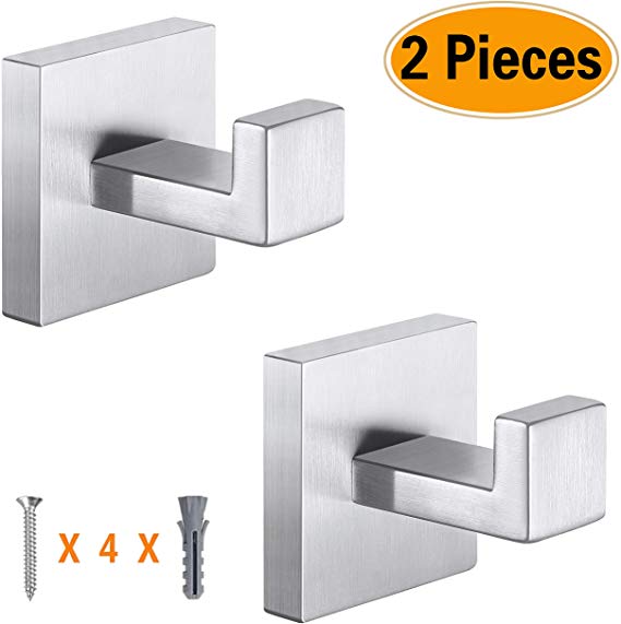 2Pcs Bath Towel Hooks Square Clothes Washcloths Robe Hook,Heavy Durty Wall Hook,SUS304 Stainless Steel,Modern Style Cabinet Closet Door Hanger for Bathroom Bedroom Kitchen Office,Brushed Nickel Finish