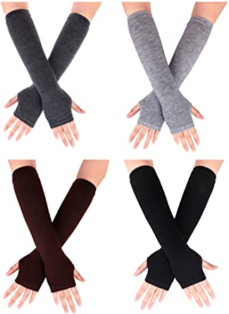 Pangda 4 Pairs Women's Fingerless Mittens Long Knitted Arm Warmers with Thumb Hole Elastic Gloves