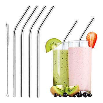 Smoothie Straws - Stainless Steel | WIDE for Thick Drinks & Shakes | Reusable, Eco-friendly, Metal Drinking Straws | Dishwasher-safe | Pack of 4 | Free Cleaning Brush (Extra Wide and Angled)