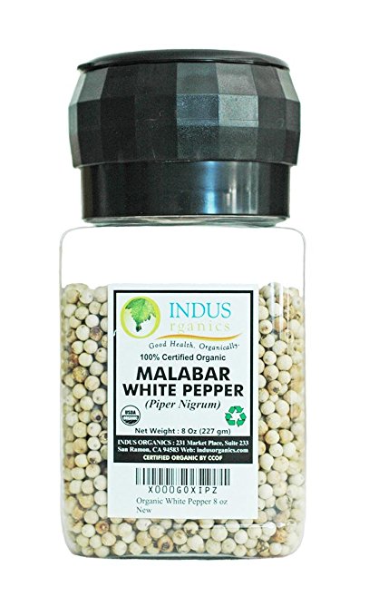 Indus Organics Malabar, White Peppercorns, 8 Oz Grinder, Premium Grade, High Purity, Freshly Packed