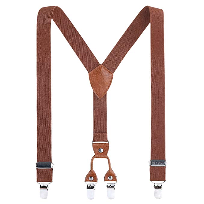 Kids Child Men Boy Suspenders - Adjustable Elastic Solid Color 4 Strong Clips Braces