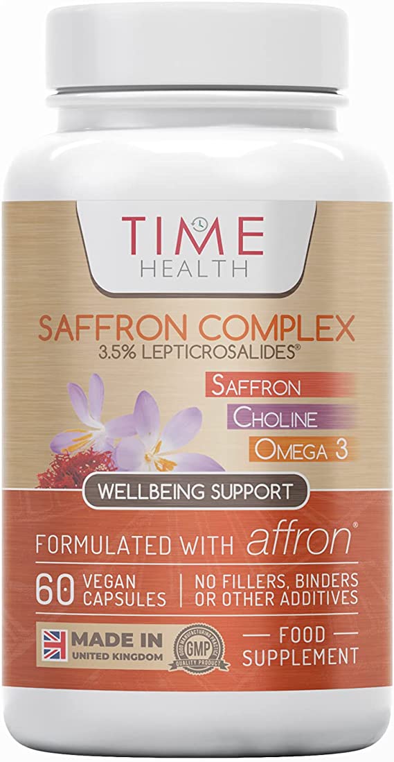 Saffron Complex - 3.5% Leptricrosalides® - Saffron, Choline, Quercetin & Omega 3-60 Capsules - UK Made - Zero Additives - Vegan - Pullulan (60 Capsule Bottle)