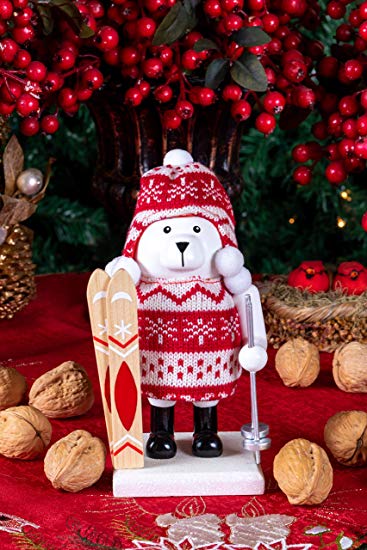 Clever Creations Wooden Chubby Polar Bear Skiier Traditional Nutcracker | Festive Red and White Knit Hat and Sweater Outfit | Festive Christmas Decor | Stands 7.5" Tall Perfect for Shelves and Tables