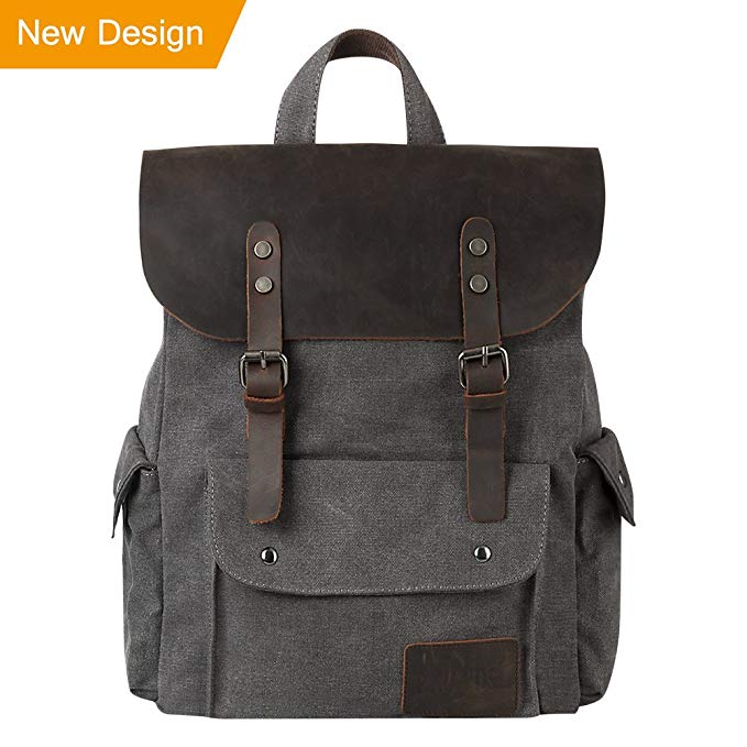 P.KU.VDSL Canvas Leather Backpack, 15" Laptop Backpack, Vintage Leather Rucksack, Travel School Bag Daypacks for Men Outdoor Sports