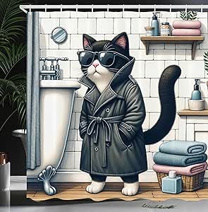 Ambesonne Cat Shower Curtain, Mysterious Detective Kitty Character in Bathroom with Sunglasses Classic Coat, Cloth Fabric Bathroom Decor Set with Hooks, 69" W x 70" L, Charcoal Grey White