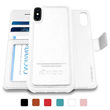 AMOVO Case for iPhone Xs Max [2 in 1] iPhone Xs Max Wallet Case Detachable [Vegan Leather] [Hand Strap] [Magnetic Closure] iPhone Xs Max Folio Flip Case (6.5’’) with Gift Box Package (White)