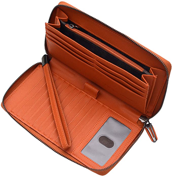 Women RFID Blocking Wallet Leather Zip Around Phone Clutch Large Travel Purse Wristlet (Orange Red)