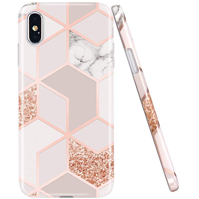 JAHOLAN Compatible iPhone X Case iPhone Xs Bling Glitter Sparkle Rose Gold Marble Design Clear Bumper Glossy TPU Soft Rubber Silicone Cover Phone Case