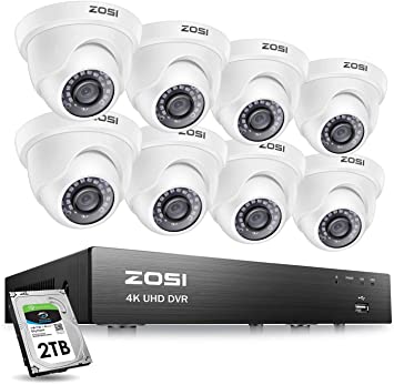 ZOSI H.265  8CH 4K Ultra HD Security Cameras System with 2TB Hard Drive, 8 Channel 4K Video DVR Recorder, 8pcs 8MP 4K Wired Surveillance Indoor Outdoor Dome CCTV Cameras, 150ft Long Night Vision