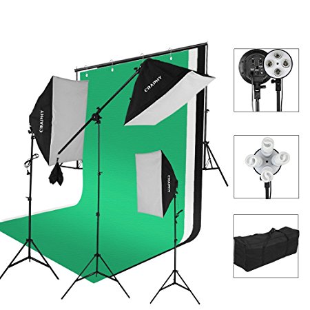 CRAPHY Photography Studio Continuous Soft Box Lighting Kit 45W 5500k Daylight Soft Box   Background Support Stand (10x6.5FT)   3 Backdrops (9x6FT, White Back Green)   Carrying Bag