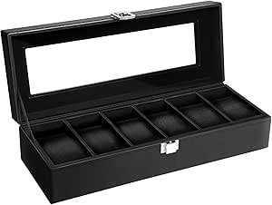 Uten Watch Box, 6 Slots Watch Case, Watch Organizer Jewelry Storage with Large Glass Lid, Black Lining, Watch Display Box for Men & Women Gift