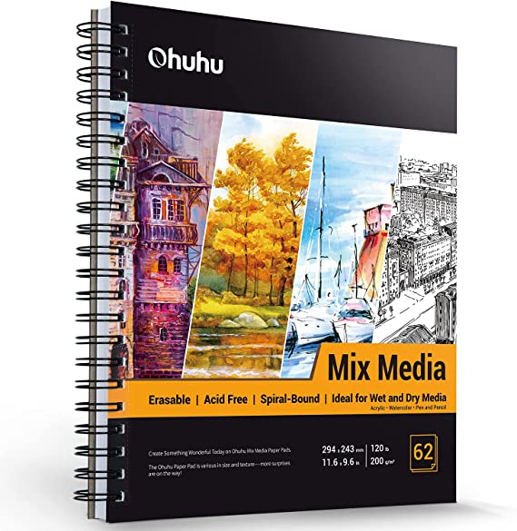 Mix Media Paper Pad, Ohuhu 11.6"×9.6" Mixed Media Art Sketchbook, 120 LB/200 GSM Heavyweight Papers, 62 Sheets/124 Pages, Spiral Bound Mixed Media Paper Pad for Acrylic, Painting