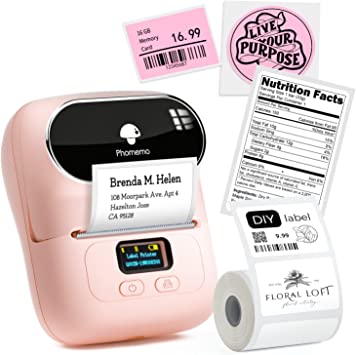 Phomemo Label Printer - M110 Barcode Printer, Upgraded Bluetooth Portable Thermal Label Maker for Product, Address, Small Business, Office, Home for Phone/Tablet/PC/Mac, with 100pcs Labels, Baby Pink