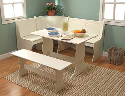 Target Marketing Systems 3 Piece Breakfast Nook Dining Set with a L-Shaped Storage Bench and a Trestle Style Dining Table and Bench, Antique White