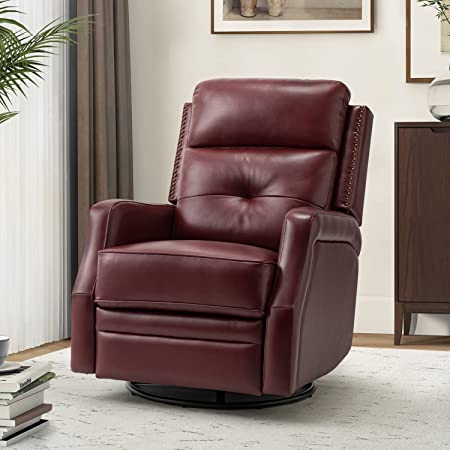 HULALA HOME Genuine Leather Swivel Rocker Recliner with Adjustable Backrest & Footrest, Manual Glider Reclining Chair for Living Room Bedroom, Home Theater Sofa Chair with 360° Swivel Base, Burgundy