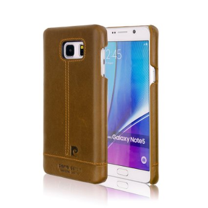 Galaxy Note 5 Case Pierre Cardin Paris Premium Genuine Cow Leather with Microfiber Layer Snap On Hard Back Case Cover for Samsung Galaxy Note 5 Brown
