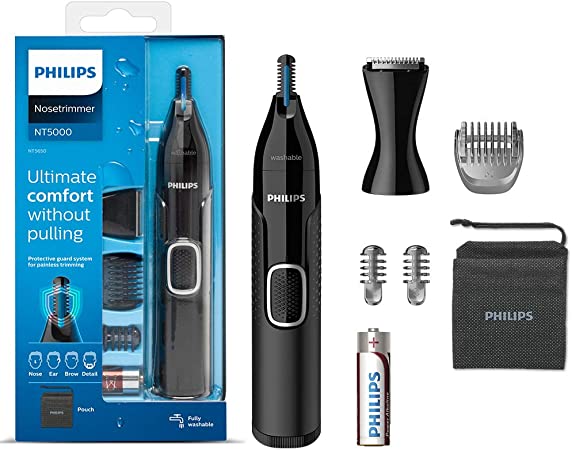 Philips Series 5000 Battery-Operated Nose, Ear and Eyebrow Trimmer with Detail Trimmer attachment - Showerproof, No Pulling Guaranteed, 100 Percent Comfort, Protective Guard System - NT5650/16