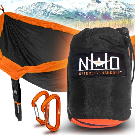 Premium Camping Hammock Black and Orange - Large Double Size Portable and Lightweight Aluminum Wiregate Carabiners Included Ultralight Parachute Nylon Best For Backpacking Travel Beach and Hiking