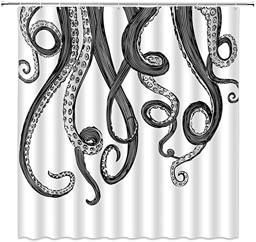 Octopus Tentacles Shower Curtain Octopus Kraken Ocean Sea Monster Nautical Animal Black White Bathroom Curtains Decor Polyester Fabric Quick Drying 70X70 Inches Include Hooks