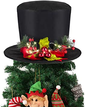 Yomikoo Lighted Christmas Tree Topper, Lighted Christmas Tree Decor Top Hat with 3 Dolls Ornament for Christmas Tree X'Mas/Holiday/Winter Wonderland Party Decoration Supplies