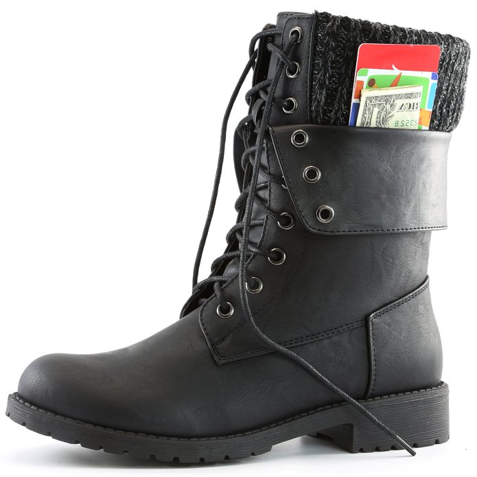 DailyShoes Womens Military Up Buckle Combat Boots Ankle Mid Calf Fold-Down Exclusive Credit Card Pocket