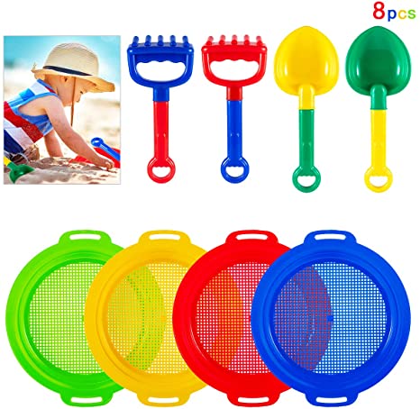 Biubee Beach Sand Sieves Toys- 4pcs Sand Sifter Sieves (Red, Blue, Yellow, Green) with 2pcs Sand Rakes and 2pcs Sand Shovel Tool for Summer Outdoor Beach Sand Toys