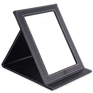 amoore Makeup Mirror Travel Mirror Vanity Mirror Folding Tabletop Mirror with PU Leather Cushioned Cover (Large, Black)
