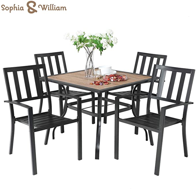 Sophia & William 5 Piece Outdoor Patio Dining Set Metal Table and Chairs Set with 37” Wood-Like Table Top and Umbrella Hole