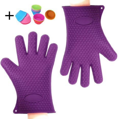 Binwo Best Heat Resistant Gloves and Oven Mitts Purple  Free Reusable Baking Cups12 Pack