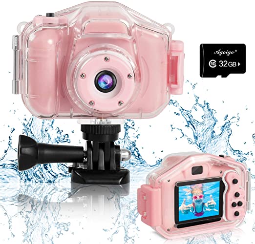 Agoigo Kids Waterproof Camera Toys for 3-12 Year Old Boys Girls Christmas Birthday Gifts Children's HD Video Digital Action Cameras Child Indoor Outdoor Toddler Camcorder Camera, 2 Inch Screen (Pink)