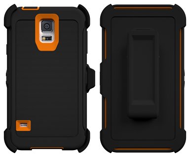Galaxy S5 Case, ToughBox® [Armor Series] [Shock Proof] [Black | Orange] for Samsung Galaxy S5 Case [Built in Screen Protector] [With Holster & Belt Clip] [Fits OtterBox Defender Series Belt Clip]