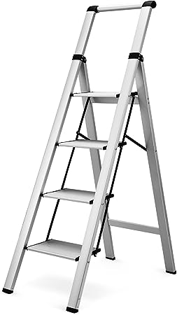 HBTower 4 Step Ladder, Aluminum Ladder with Handrails, Folding Step Stool for Adults, 330LBS Capacity Sturdy& Portable Ladder for Home Kitchen Library Office, Sliver