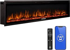 Westinghouse 50 Inch Electric Fireplace Heater, Compatible with Alexa & Google Home, Wall Mount or in-Wall Recessed Fireplace Insert, 24 Hour Timer, Color Changing Flames, 750W/1500W Indoor Heater