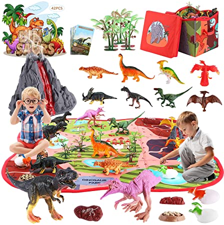 GOMYHOM Dinosaur Toy Dinosaur mat for boy 2 in 1 Storage Box & Activity Boys Play Mat with Trees, Educational Toy Realistic Dinosaur Playset to Create a Dino World, for Kids, Boys & Girls