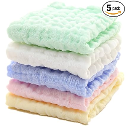 Mukin Organic Cotton Baby Washcloths Reusable Extra Soft and Highly Absorbent Muslin Towels with Hook Wipes, (12 x 12 Inches) -5 Packs