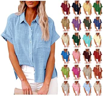 Womens Button Down Cotton Linen Shirts V Neck Roll Up Short Sleeve Blouses Loose Collared Shirt Summer Casual Tops