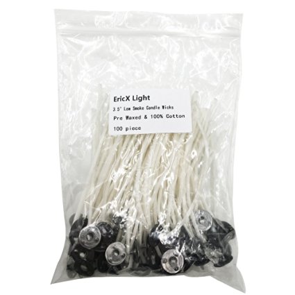 EricX Light 100 Piece Natural Candle Wick, Low Smoke 3.5" Pre-Waxed & 100% Natural Cotton Core,For Candle Making,Candle DIY