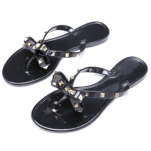 Qilunn Womens Bow Flip Flop Sandals,Jelly Thong Flat Sandals Summer Beach Shoes With Rubber Rivets Bowtie Flip Flops