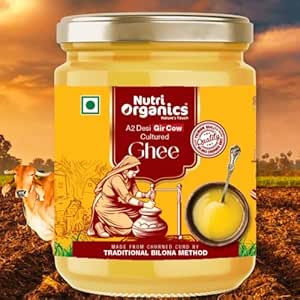 Nutri Organics Pure Desi A2 Cow Ghee 500ml | Bilona Curd Churned | Grass Fed Gir Cows | Glass Jar | Pure Aroma, Natural & Healthy Danedar Ghee| Lab Tested